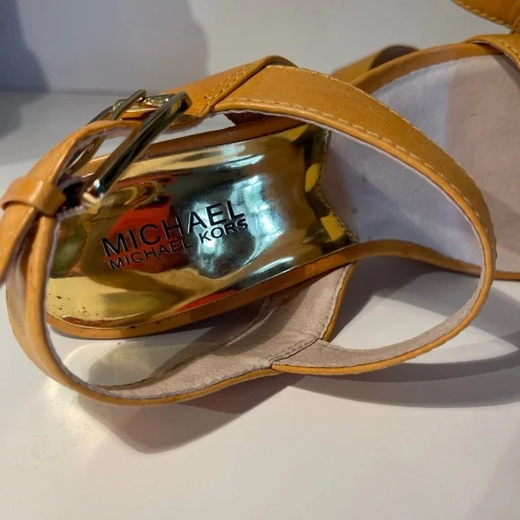 MICHAEL Michael Kors | Goldenrod Leather and Cork Platform Sandals - Picture 8 of 13